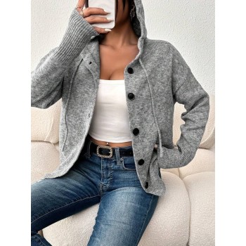 Women s Hooded Mixed Wool Button Up Long Sleeve Lightweight Cardigan Sweater