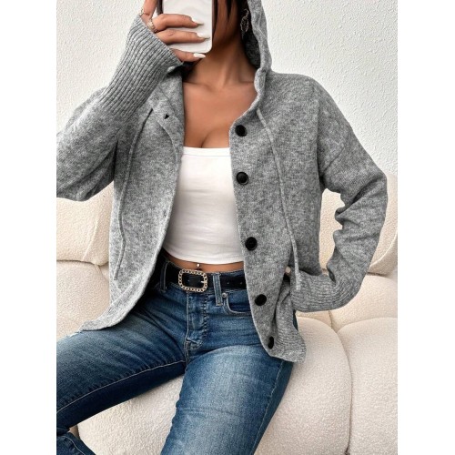 Women s Hooded Mixed Wool Button Up Long Sleeve Lightweight Cardigan Sweater