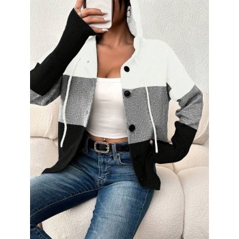 Women s Color Block Button Up Drawstring Hooded Lightweight Cardigan