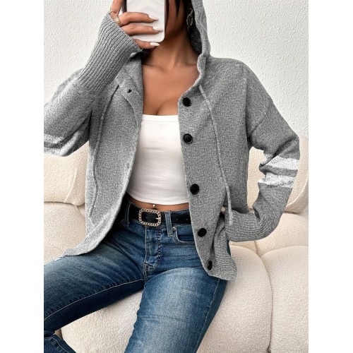 Women s Hooded Knitted Cardigan With Buttons And Drawstring Long Sleeve Solid Color Lightweight Single Striped