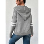 Women s Hooded Knitted Cardigan With Buttons And Drawstring Long Sleeve Solid Color Lightweight Single Striped