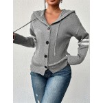 Women s Hooded Knitted Cardigan With Buttons And Drawstring Long Sleeve Solid Color Lightweight Single Striped