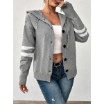 Women s Hooded Knitted Cardigan With Buttons And Drawstring Long Sleeve Solid Color Lightweight Single Striped