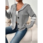 Women s Hooded Knitted Cardigan With Buttons And Drawstring Long Sleeve Solid Color Lightweight Single Striped