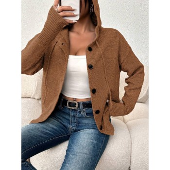 Women Single Breasted Solid Color Hooded Long Sleeve Cardigan Sweater