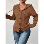 Women Single Breasted Solid Color Hooded Long Sleeve Cardigan Sweater