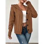 Women Single Breasted Solid Color Hooded Long Sleeve Cardigan Sweater