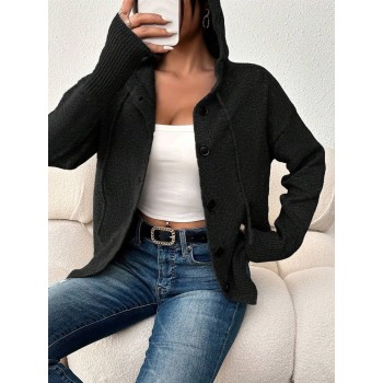 Women s Solid Color Button Drawstring Hooded Long Sleeve Lightweight Asymmetric Cardigan Sweater