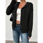 Women s Solid Color Button Drawstring Hooded Long Sleeve Lightweight Asymmetric Cardigan Sweater