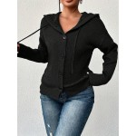 Women s Solid Color Button Drawstring Hooded Long Sleeve Lightweight Asymmetric Cardigan Sweater