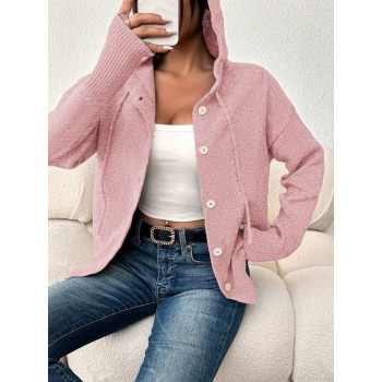 Women s Solid Color Hooded Button Drawstring Long Sleeve Lightweight Single Breasted Cardigan