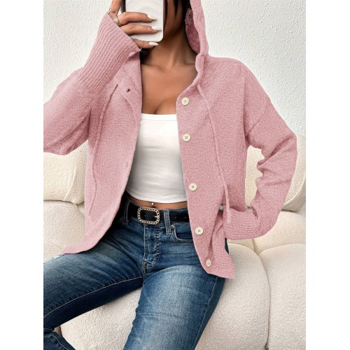 Women s Solid Color Hooded Button Drawstring Long Sleeve Lightweight Single Breasted Cardigan