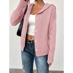 Women s Solid Color Hooded Button Drawstring Long Sleeve Lightweight Single Breasted Cardigan