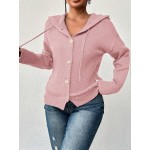 Women s Solid Color Hooded Button Drawstring Long Sleeve Lightweight Single Breasted Cardigan