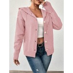 Women s Solid Color Hooded Button Drawstring Long Sleeve Lightweight Single Breasted Cardigan