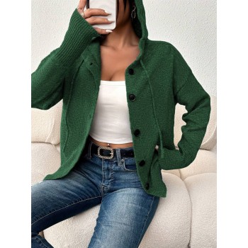 Women s Solid Color Button Hooded Long Sleeve Lightweight Cardigan Sweater