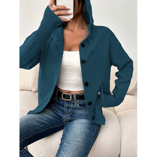 Women Button Fastening Hooded Long Sleeve Solid Color Lightweight Cardigan Sweater