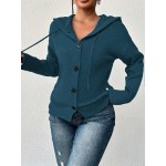 Women Button Fastening Hooded Long Sleeve Solid Color Lightweight Cardigan Sweater