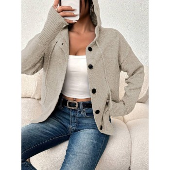 Women s Solid Color Hooded Button Drawstring Long Sleeve Light Knit Cardigan