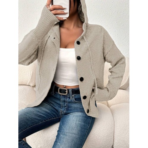 Women s Solid Color Hooded Button Drawstring Long Sleeve Light Knit Cardigan