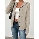 Women s Solid Color Hooded Button Drawstring Long Sleeve Light Knit Cardigan