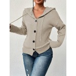 Women s Solid Color Hooded Button Drawstring Long Sleeve Light Knit Cardigan