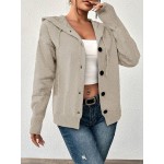 Women s Solid Color Hooded Button Drawstring Long Sleeve Light Knit Cardigan