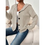 Women s Solid Color Hooded Button Drawstring Long Sleeve Light Knit Cardigan