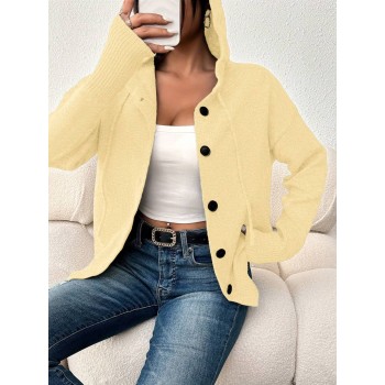 Women s Solid Color Button Up Hooded Long Sleeve Lightweight Cardigan