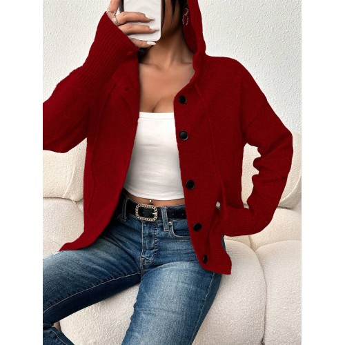 Women s Solid Color Button Drawstring Long Sleeve Lightweight Cardigan Sweater