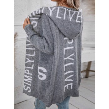 Letter Graphic Dual Pocket Drop Shoulder Hooded Duster Cardigan