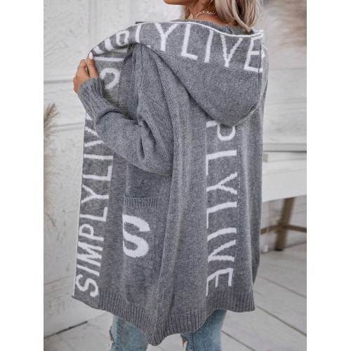 Letter Graphic Dual Pocket Drop Shoulder Hooded Duster Cardigan