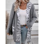 Letter Graphic Dual Pocket Drop Shoulder Hooded Duster Cardigan