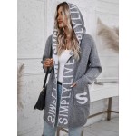 Letter Graphic Dual Pocket Drop Shoulder Hooded Duster Cardigan