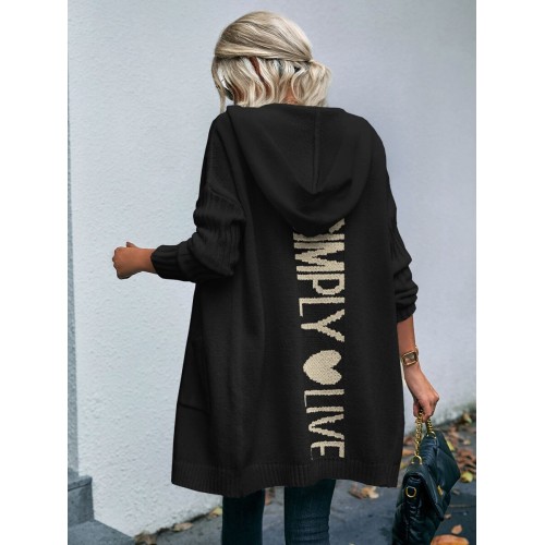 Letter Pattern Dual Pocket Drop Shoulder Hooded Cardigan