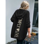 Letter Pattern Dual Pocket Drop Shoulder Hooded Cardigan