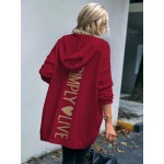 Women s Simple Printed Hooded Long Sleeve Cardigan