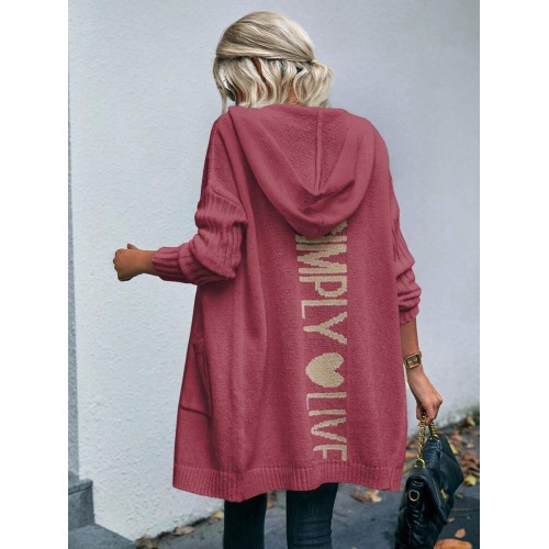 Letter Pattern Dual Pocket Drop Shoulder Hooded Duster Cardigan