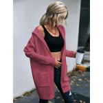 Letter Pattern Dual Pocket Drop Shoulder Hooded Duster Cardigan