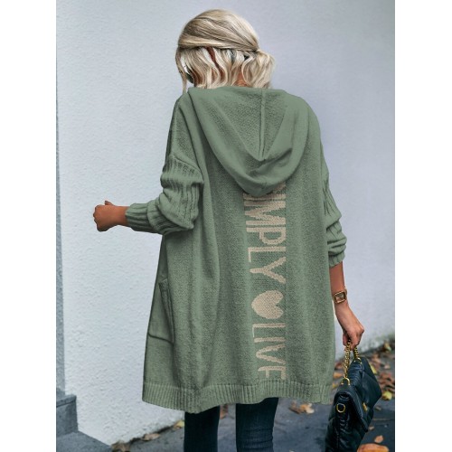 Letter Pattern Dual Pocket Drop Shoulder Hooded Cardigan