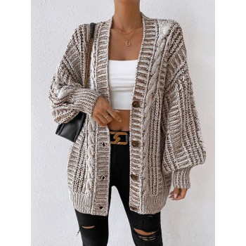 Essnce Space Dye Drop Shoulder Cable Knit Lantern Sleeve Cardigan