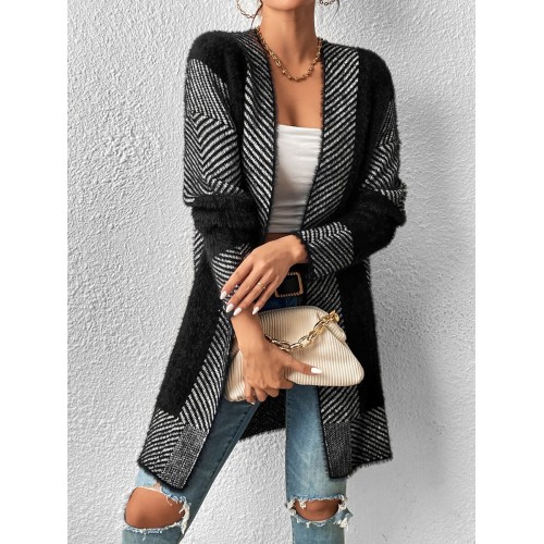 Colorblock Drop Shoulder Fuzzy Duster Cardigan