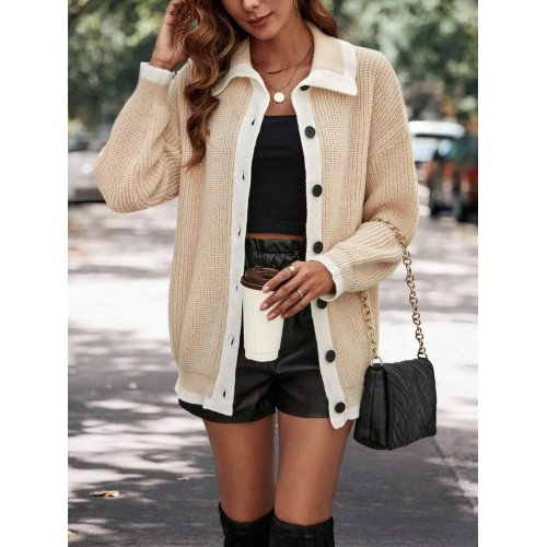 Frenchy Contrast Trim Drop Shoulder Cardigan