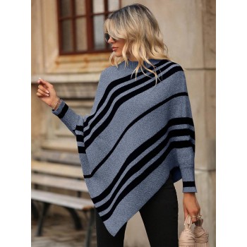 Striped Pattern Batwing Sleeve Asymmetrical Hem Knit Poncho