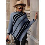 Striped Pattern Batwing Sleeve Asymmetrical Hem Knit Poncho