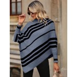 Striped Pattern Batwing Sleeve Asymmetrical Hem Knit Poncho