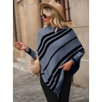 Striped Pattern Batwing Sleeve Asymmetrical Hem Knit Poncho