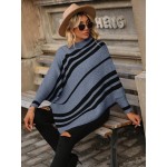 Striped Pattern Batwing Sleeve Asymmetrical Hem Knit Poncho