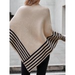 Striped Pattern Batwing Sleeve Asymmetrical Hem Poncho Sweater