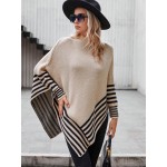 Striped Pattern Batwing Sleeve Asymmetrical Hem Poncho Sweater